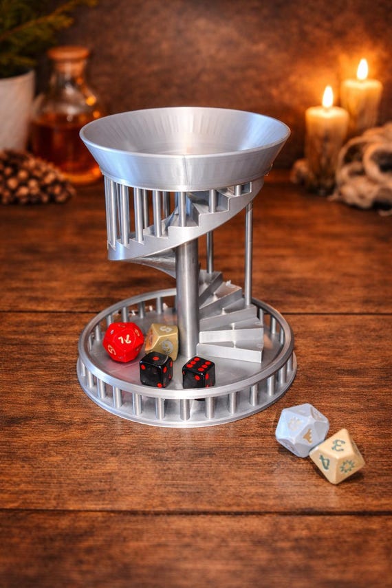 Spiral staircase dice tower with tray
